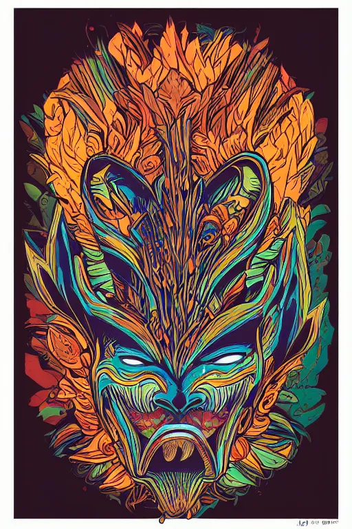 Image similar to animal mask totem roots flower tribal feather gemstone plant wood rock shaman vodoo video game vector cutout illustration vivid multicolor borderlands comics by josan gonzales and dan mumford radiating a glowing aura