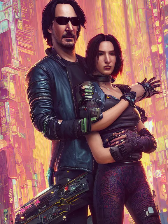 Image similar to a cyberpunk 2077 couple portrait of Keanu Reeves and V ,love story , lots of electric cable behind them connected to giant computer,film lighting,by laurie greasley,Lawrence Alma-Tadema,William Morris,Dan Mumford,trending on atrstation,FAN ART,full of color,Digital painting,highly detailed,8K, octane,golden ratio,cinematic lighting