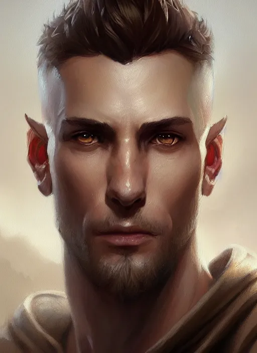 Image similar to a _ fantasy _ style _ portrait _ painting _ of light brown male short hair chiseled face big ears, rpg dnd oil _ painting _ unreal _ 5 _ daz. _ rpg _ portrait _ extremely _ detailed _ artgerm _ greg _ rutkowski _ greg