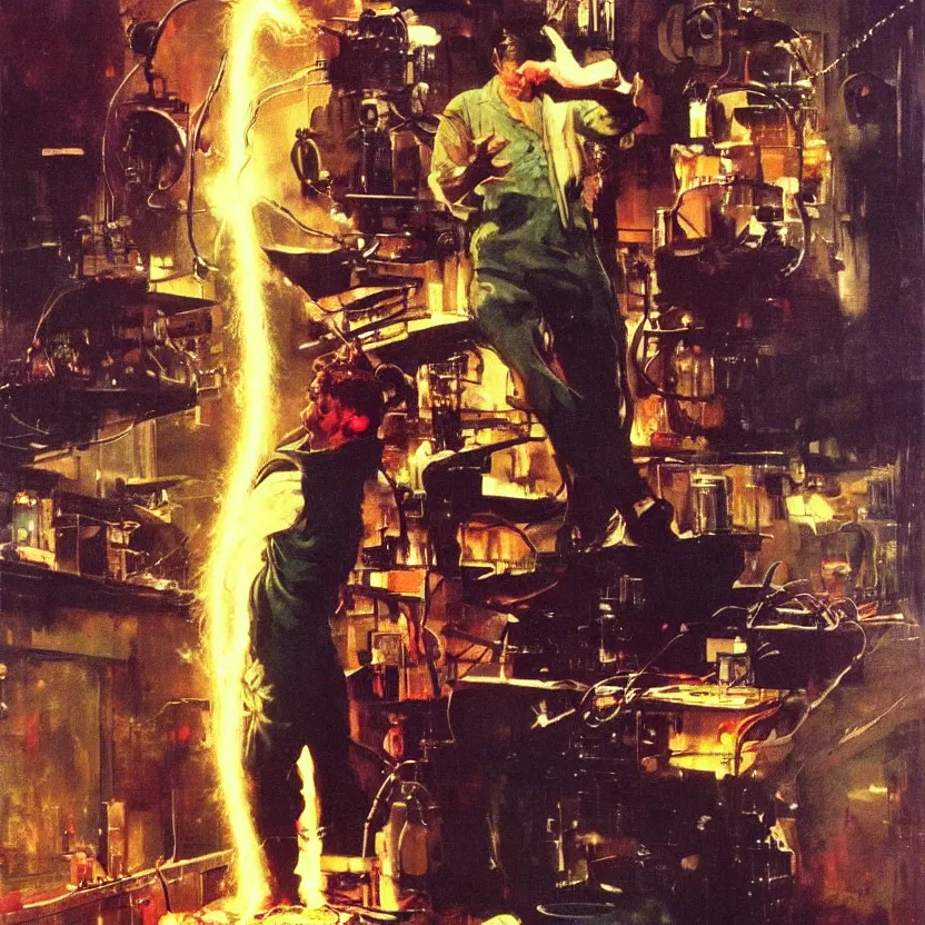 Image similar to mad scientist experimenting with electricity and glowing plasma, painting by norman rockwell, frank frazetta, and syd mead. rich colors, high contrast, gloomy atmosphere, dark background. trending on artstation