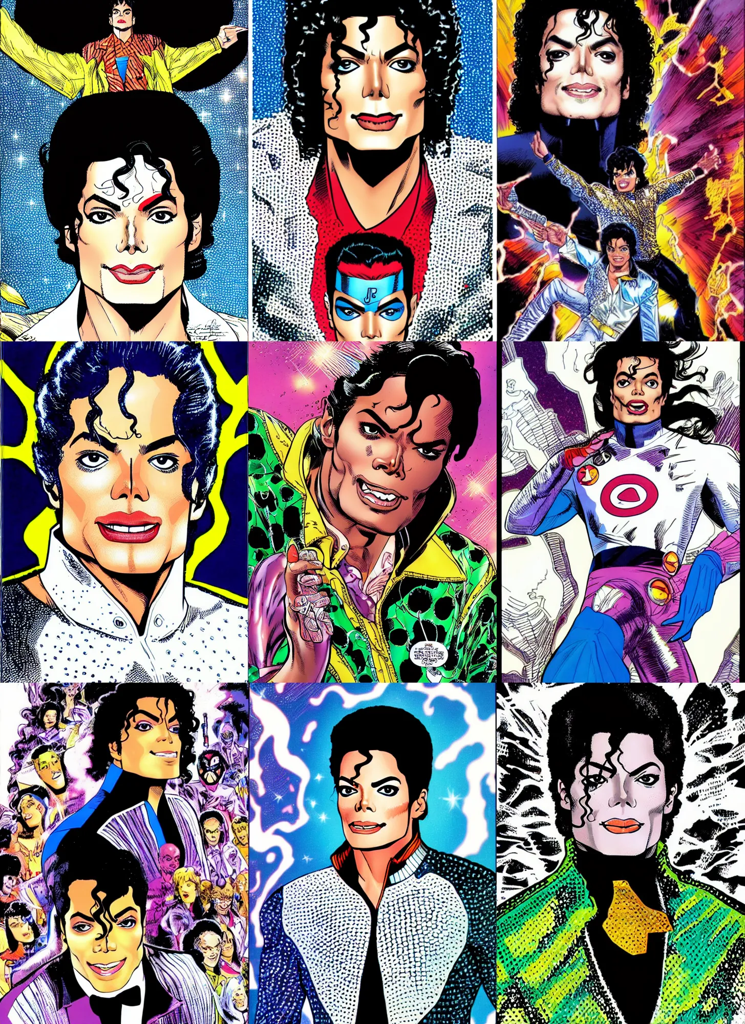 Prompt: dynamic macro head portrait of beautiful! michael jackson super hero in white sequined jacket by jack kirby and jim lee and john romita senior and cory walker and ryan ottley and barry windsor - smith, comic, illustration, photo real