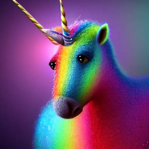 Image similar to full body pose, hyperrealistic photograph of a cute fuzzy rainbow unicorn, dim volumetric lighting, 8 k, octane beautifully detailed render, extremely hyper detailed, intricate, epic composition, cinematic lighting, masterpiece, trending on artstation, very very detailed, stunning, hdr, smooth, sharp focus, high resolution, award, winning photo, dslr, 5 0 mm