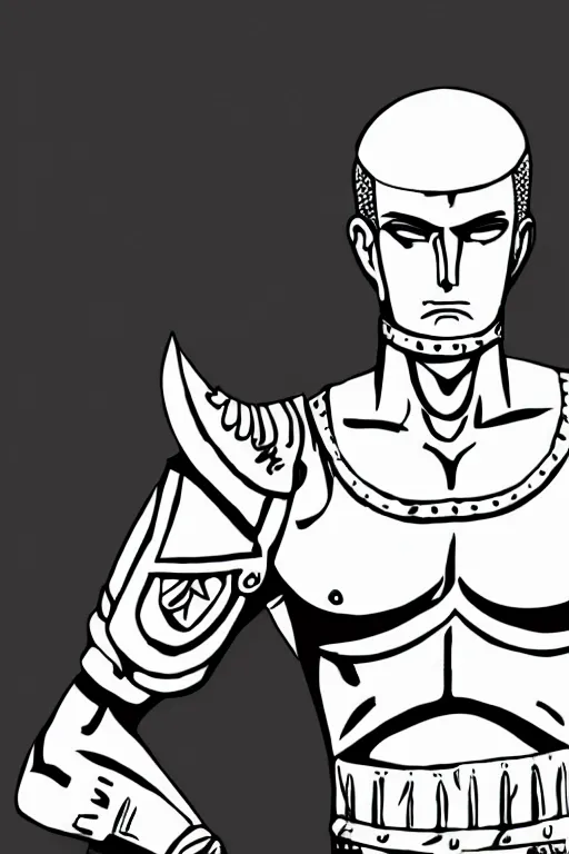 Image similar to shy tall muscular roman guard, male, bushy eyebrows, round eyes, buzz cut hair, roman armor, screen cap, 4K, stylized, drawn by Hiromu Arakawa