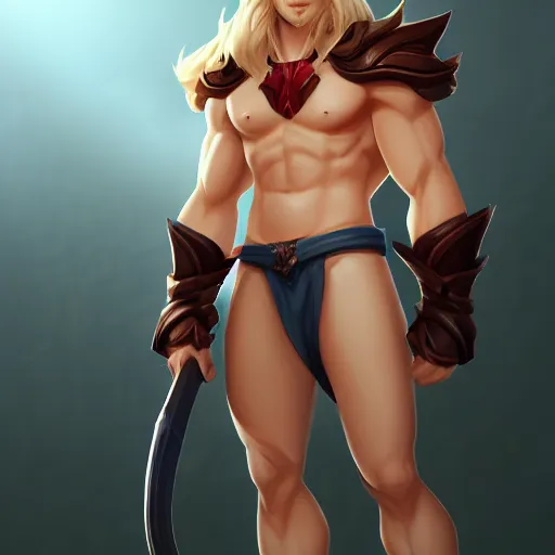 Image similar to the latest blond male beefcake from league of legends, extremely pale white skin and long fluffy blond curly hair, 4K, artstation