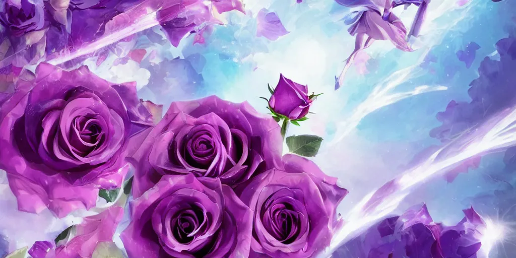 Image similar to magic invisible blade slicing through a bouquet of purple white and pink roses, flowers exploding and spraying, big puffy clouds, sharp cuts, large rose petals, lotus petals, large polygonal background elements, large polygons, dramatic anime, dramatic lighting, artgerm, manga, trending on artstation, art nouveau, mature colors