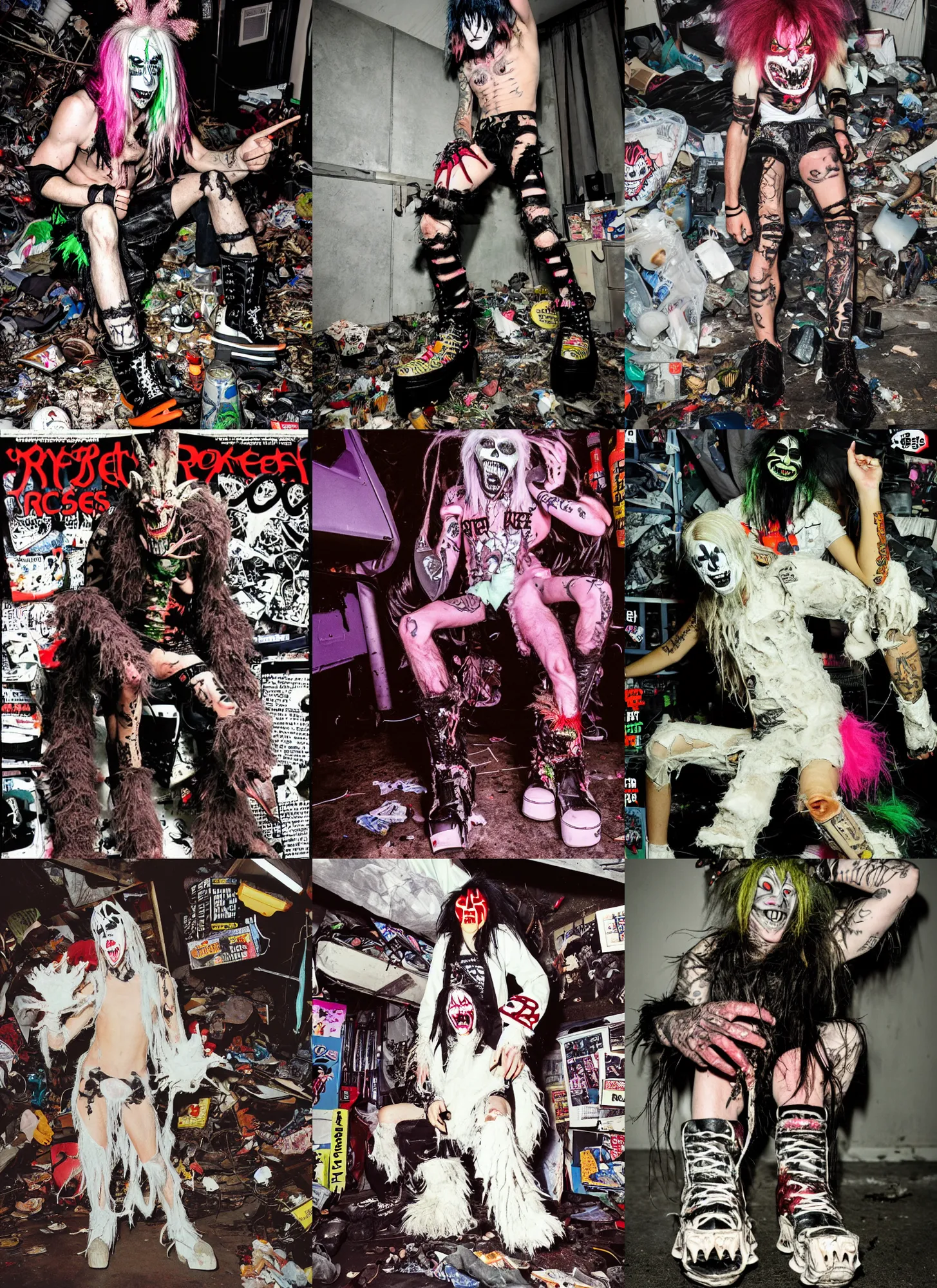 Prompt: photo of lace goblin wearing ripped up dirty Swear kiss monster teeth yeti platform boots in the style of Ryan Trecartin in the style of 1990's FRUiTS magazine 20471120 by Walter Van Beirendonck W&LT in japan in a dirty dark dark dark poorly lit bedroom full of trash and garbage server racks and cables everywhere in the style of Juergen Teller in the style of Shoichi Aoki, japanese street fashion, KEROUAC magazine, Walter Van Beirendonck W&LT 1990's, Vivienne Westwood, y2K aesthetic