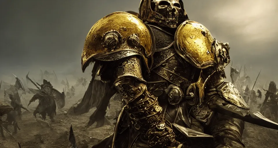 Prompt: full frame render of A skull faced knight with a skull mask, wearing a golden set of armor standing strong in the middle of a battlefield, hyper realistic, unreal, craig mullins, alex boyd, lord of the rings, game of thrones, dark souls, skyrim, dragon age, artstation, cinematic shot, warhammer, dungeons and dragons