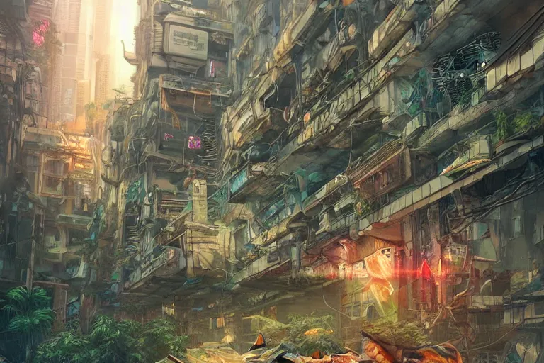 Image similar to a cyberpunk city in ruins, jungle plants overgrowing the streets and buildings, cats run through the ruins, drinking from pools of water and climbing on old fallen signs, by artgerm and amano and rutkowski and kincaid, trending on artstation