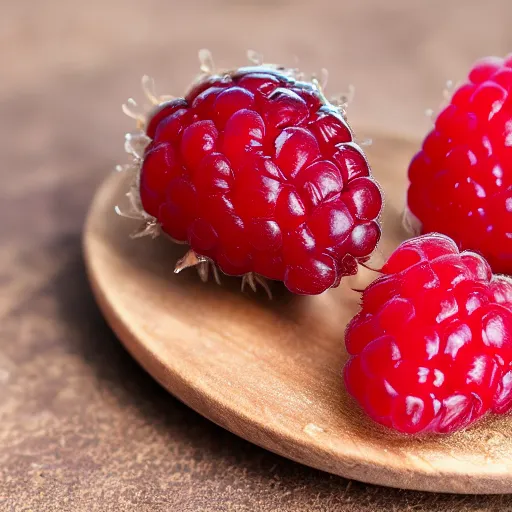 Prompt: high definition photo of a raspberry covered in honey, 4k, ring lighting, studio