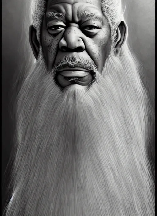 Prompt: evil morgan freeman as evil wizard saurman the white, long white hair and white beard, long white flowing robes, long black wizard staff by alan lee, lord of the rings, smooth, oil painting, matte painting, concept art, trending on artstation, promotional artwork, film still, elegant, photorealistic facial features, intricate, detailed face, cinematic lighting