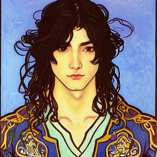 Prompt: painting of young handsome beautiful paladin elf!! man with long! wavy dark hair in his 2 0 s named taehyung minjun at the blueberry party, wearing armor!, long hair, elf ears, elegant, clear, painting, stylized, delicate, soft facial features, art, art by alphonse mucha, vincent van gogh, egon schiele,