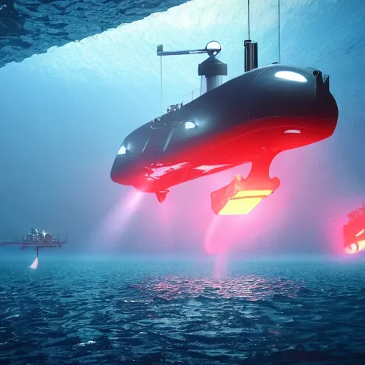 Prompt: robot submarine exploring the ocean floor with its searchlights on, movie scene, raytracing, stunning scene, beautiful lighting