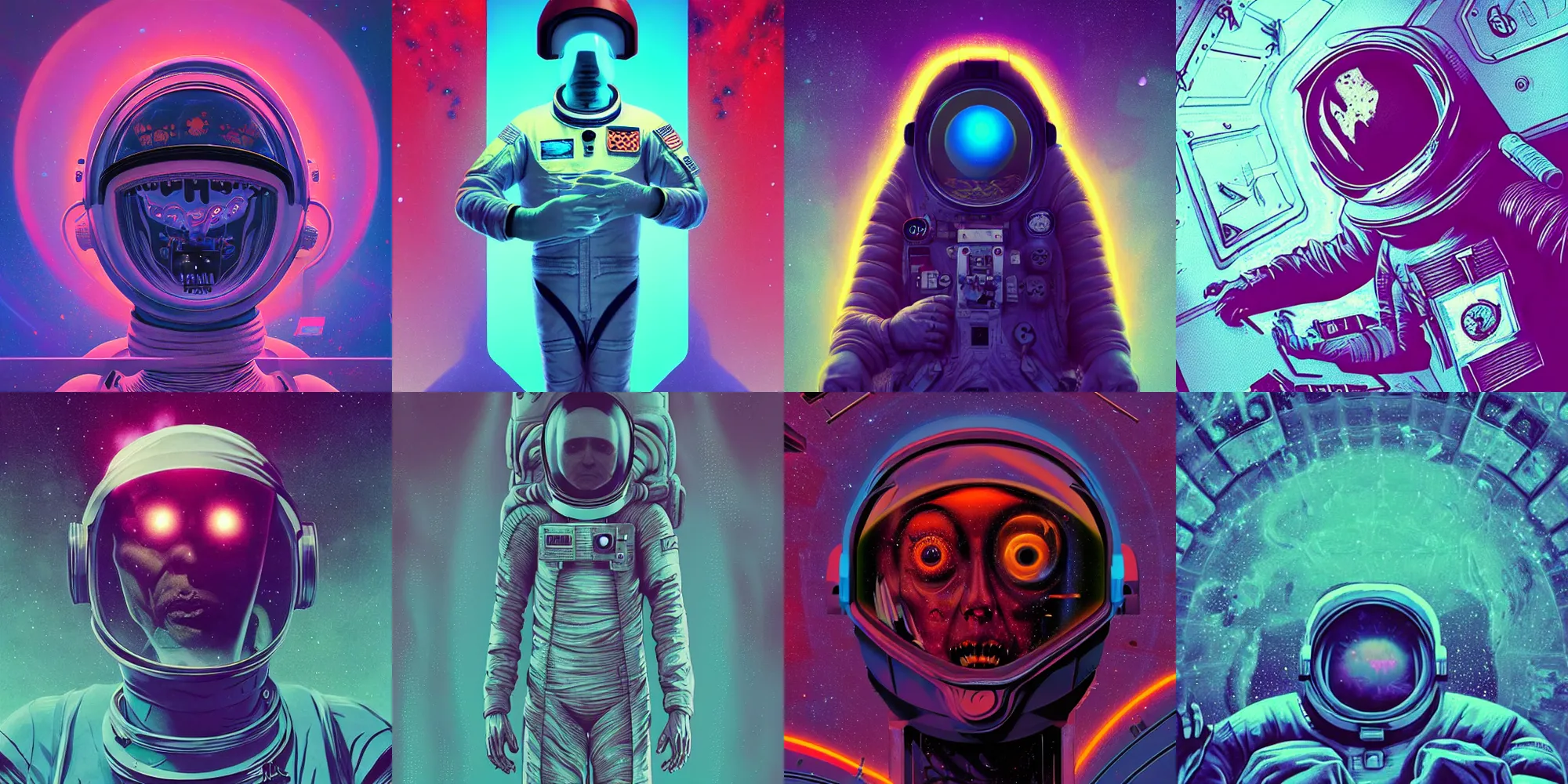 Prompt: astronaut, horror poster 9 0 s, cosmic horror, abstract, ghostly, arcade, duotone, poltergeist, lets get weird, intricate, elegant, highly detailed, award winning artstation, smooth, sharp focus, raytracing, unreal engine 5, art by beeple and mike winkelmann, ultraviolet colors,