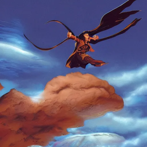 Image similar to illustration of Kaladin Stormblessed flying in the sky with Syl, his spren by Michael Whelan and Ron Walotsky, The Stormlight Archive