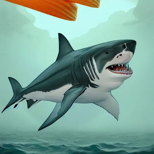 Image similar to great white shark, orange and white striped traffic cones as fins, underwater background detailed atmospheric - ron cheng & alphonse mucha, highly detailed, digital painting, ray tracing, concept art, illustration, smooth sharp focus, intricate, symmetry, artstation,