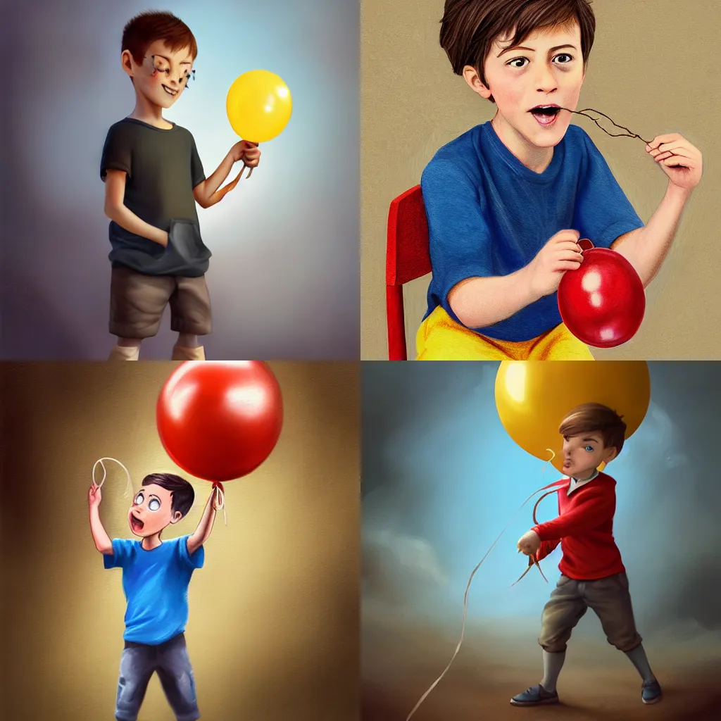 Prompt: illustration of a cartoon boy holding a single balloon tied to a string, realistic painting, classical painting, high definition, digital art, matte painting, very detailed, realistic