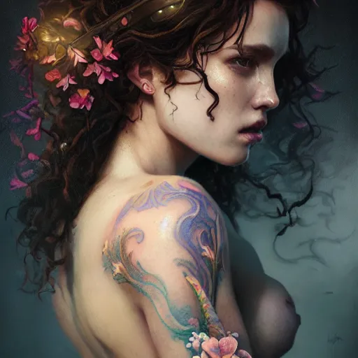 Image similar to portrait of beautiful woman with short curly brown hair, tattoo of unicorn and mermaid, intricate, flowers, mythical, oil painting, Tooth Wu, Greg Rutkowski, RPG, dynamic lighting, fantasy art, High contrast, depth of field