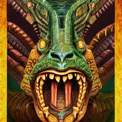 Prompt: digital painting of mayan feathered serpent god, by filipe pagliuso and justin gerard, fantasy, highly detailed, intricate, sharp focus, tarot card, serpent head, fangs