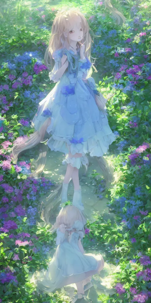Image similar to a digital art of a loli with long hair in a dress in the privet garden at after noon, green and warm theme, blue flowers accents, back lighting, by krenz cushart and akihito yoshida and greg rutkowski and makoto shinkai, highly detailed, 4 k resolution, trending on art station