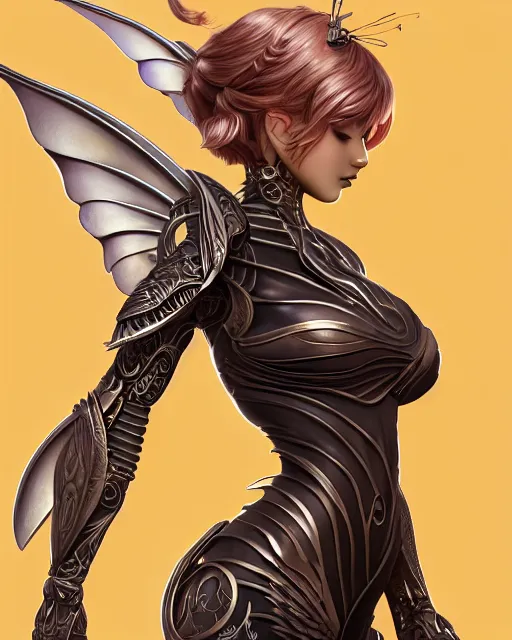 Image similar to 3 / 4 view of woman with metal wings, pixie character, genshin impact, intricate, elegant, sharp focus, illustration, highly detailed, concept art, matte, artgerm, anime, trending on artstation