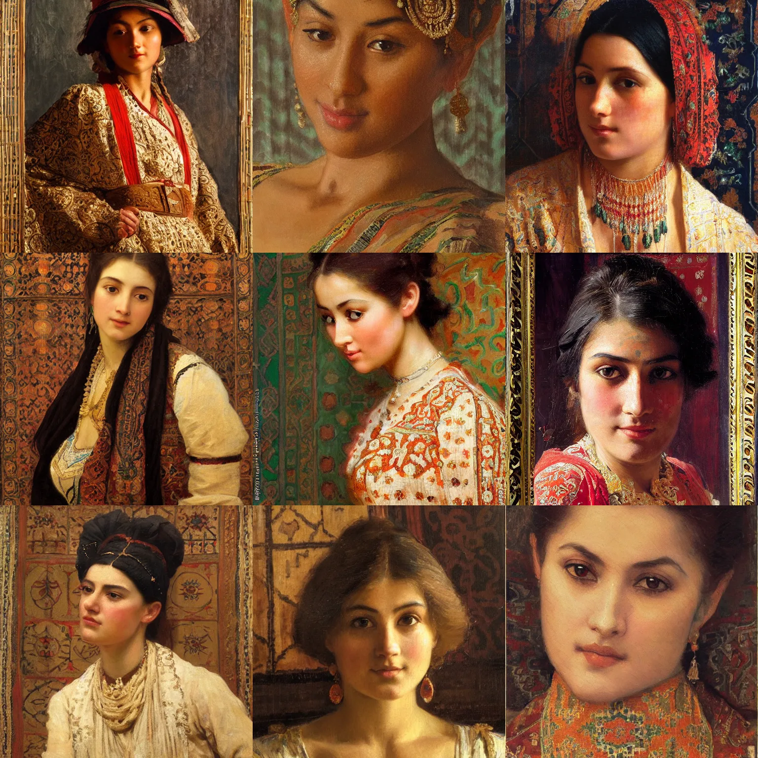 Prompt: orientalism face detail of a pretty young woman posing in front of an intricately patterned carpet by theodore ralli and nasreddine dinet and anders zorn and nikolay makovsky and edwin longsden long, oil on canvas, masterful intricate artwork, excellent lighting, high detail 8 k