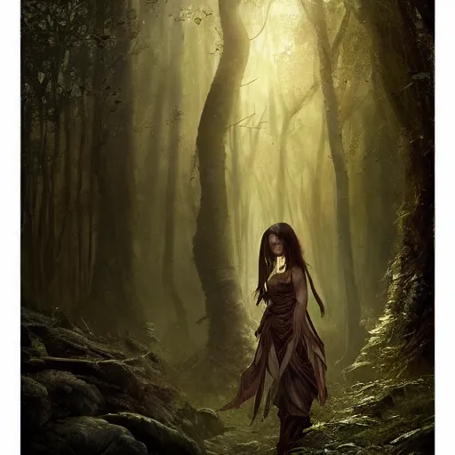 Image similar to portrait of a dark mage in a forest, dark fantasy, elegant, intricate, face, medium shot, volumetric light, by Fernanda Suarez, Stanley Artgerm Lau, greg rutkowski, thomas kindkade, alphonse mucha, loish, norman Rockwell