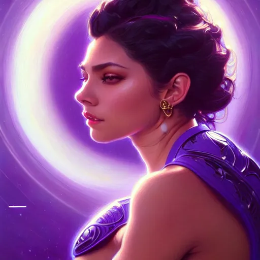 Image similar to Portrait of very very very very very very beautiful Latina woman, spacesuit, purple eyes, intricate, elegant, highly detailed, digital painting, artstation, concept art, smooth, sharp focus, illustration, art by artgerm and greg rutkowski and alphonse mucha