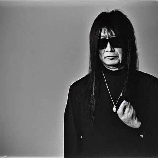 Prompt: keiji haino wearing shades, 3 5 mm film, portrait, by annie liebovitz