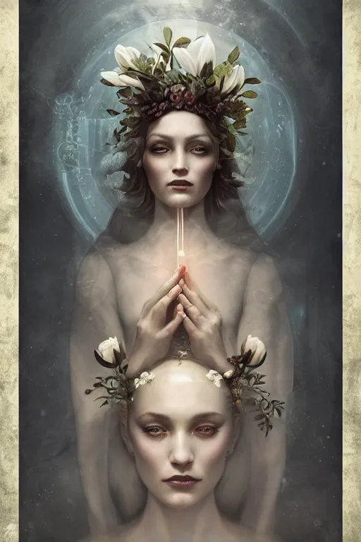 Image similar to a goddess of magnolia a queen of the garden, meditating! with a beautiful symmetrical face!!! cinematic lightning, isolated, studio lighting by tom bagshaw