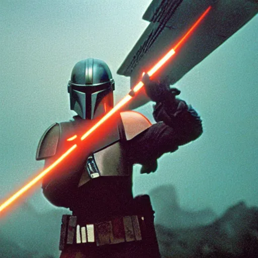 Image similar to 35mm film still jedi mandalorian training with laser sword on an epic mountain, blade runner set in a rainy tropical forest, cool colors, moody, by Alex grey