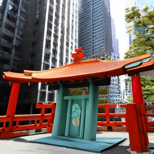 Prompt: a beautiful shinto shrine made with locally available materials and colors, standing among skyscrapers in manhattan, trending on artstation