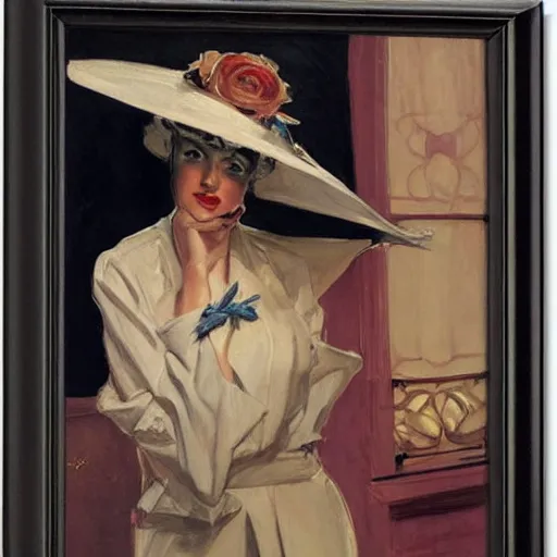 Image similar to woman with a giant, ridiculous hat, by j. c. leyendecker