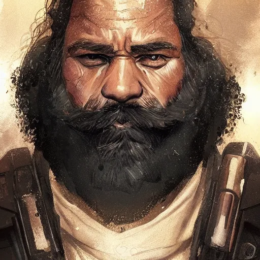 Image similar to portrait of a man by greg rutkowski, samoan features, short black hair, receding hairline, epic beard, tall and strong, father figure vibes, star wars expanded universe, she is about 7 0 years old, wearing tactical gear, digital painting, artstation, concept art, smooth, sharp foccus ilustration, artstation hq