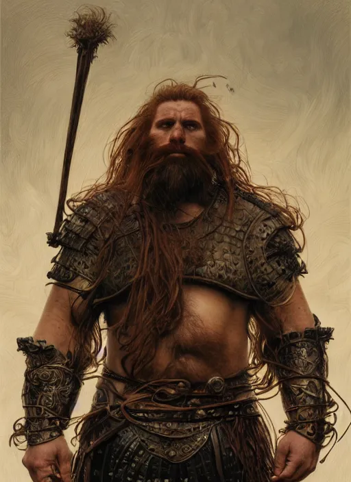 Image similar to portrait of a 4 0 year old giant strong man with long tangles of bushy ginger hair and beard, piercing eyes, wearing leather armor, hyper realistic face, epic, very low angle, fantasy art, in the style of greg rutkowski, intricate, alphonse mucha, hyper detailed, smooth