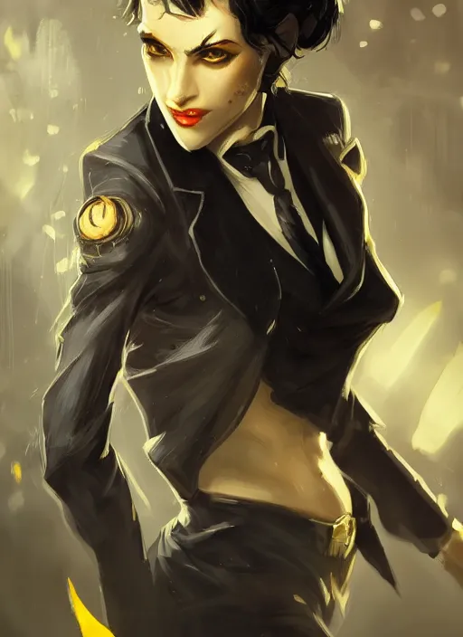 Image similar to a highly detailed illustration of beautiful short black messy haired woman wearing eyepatch and noir style suit and tie, yellow eyes, dramatic smiling pose, intricate, elegant, highly detailed, centered, digital painting, artstation, concept art, smooth, sharp focus, league of legends concept art, WLOP