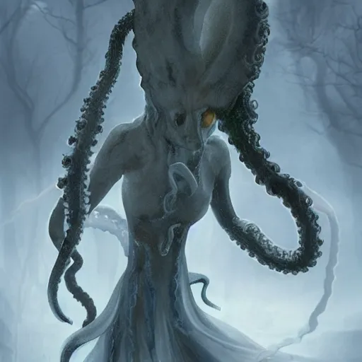 Image similar to concept designs for an ethereal ghostly wraith like figure with a squid like parasite latched onto its head and long tentacle arms that flow lazily but gracefully at its sides like a cloak while it floats around a frozen rocky tundra in the snow searching for lost souls and that hides amongst the shadows in the trees, this character has hydrokinesis and electrokinesis for the resident evil village video game franchise with inspiration from the franchise Bloodborne as a muppet from sesame street, photo realistic, photography, sesame street, bloodborne, resident evil