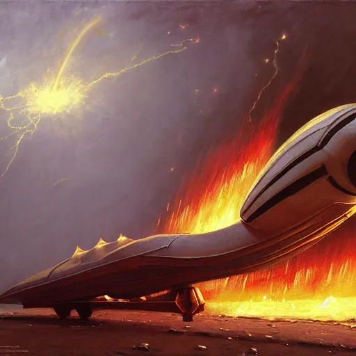 Prompt: a egyptian spaceship, stuck in the ground, the spaceship is on fire, smoke, rainstorm, lightning, angry, kinetic, john sargent, adolphe bouguereaum, norman rockwell, trending on artstation, highly detailed oil painting,