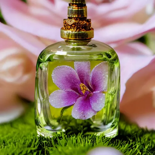 Image similar to perfume bottle in an enchanted flower patch, softly - lit, highly detailed, realistic, up close shot, f 2 0