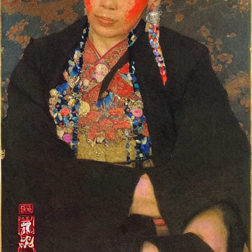 Prompt: portrait of chinese beauty masterpiece painting by vasnetsov and surikov, JEAN-VICTOR BERTIN, by Terence Cuneo, detailed, t artfully traced