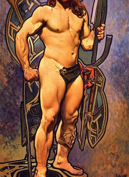 Prompt: Muscular viking warrior, art by Alphonse Mucha, painting, beautiful