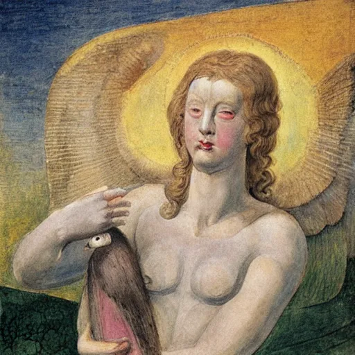 Image similar to biblical angel holding a duck, by jean deville, by william blake, oil on canvas