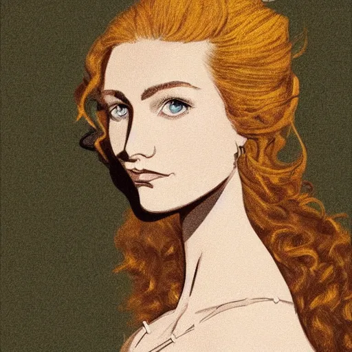 Prompt: ornate by cyril pontet flax. illustration. a beatiful portrait of a young woman, pictured from the shoulders up, wearing a pearl necklace & earrings. she has blonde hair that is styled in loose curls, & she is looking to the side with a soft expression.