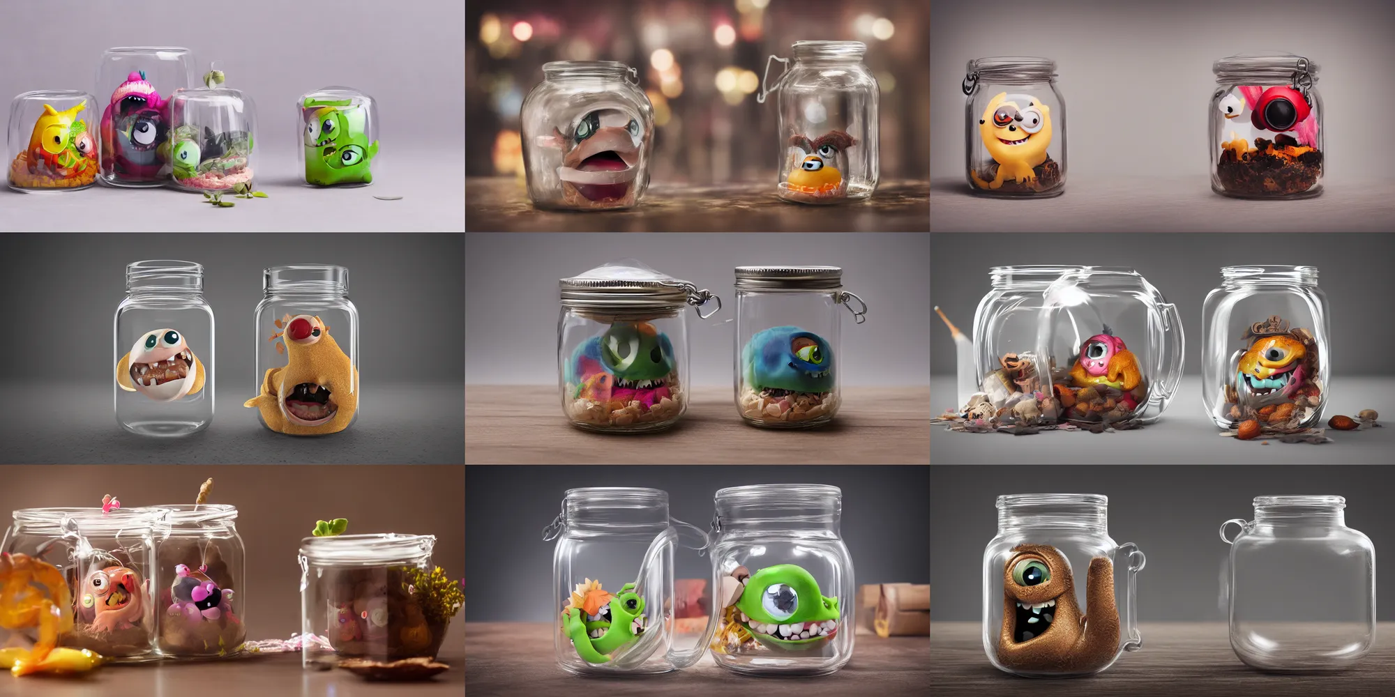 Prompt: A cute monster in a transparent jar, product photography, realistic, 8K