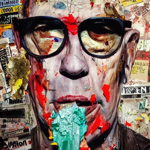 Image similar to hyperrealistic, photorealistic, mixed media oil painting of hunter s thompson, magazine scraps, plaster, blood, oil, mustard, splatter, greg rutkowski, basquiat, ralph steadman, wesley kimler, terry gilliam