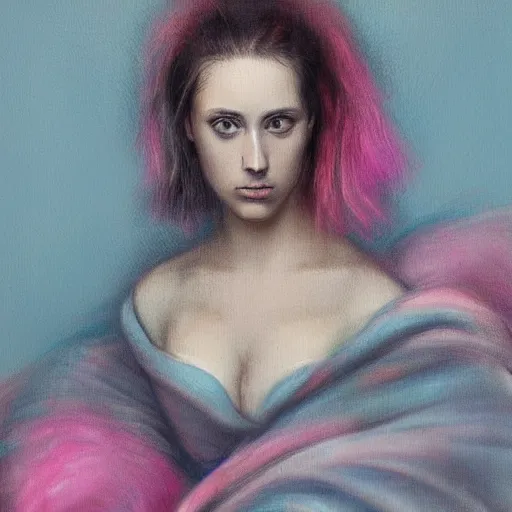 Image similar to highly detailed romantic painted portrait of a modern woman. moody and melanchony. has a bit of cyan and pink. masterpiece