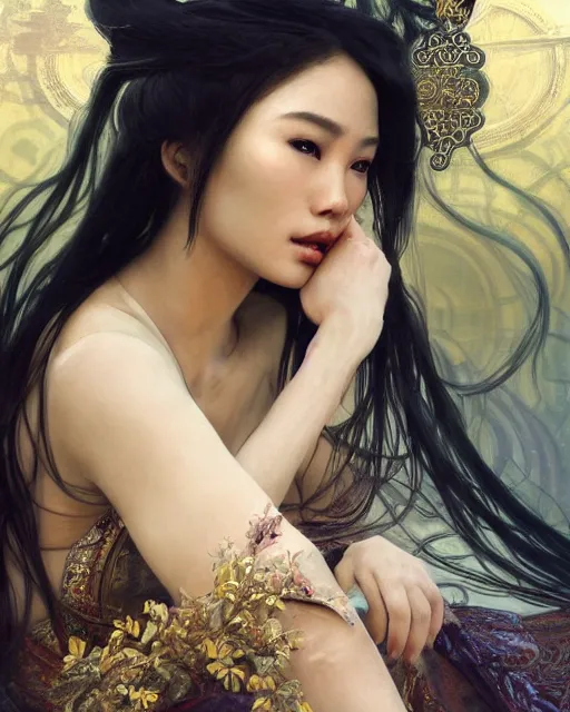 Image similar to a beautiful close up portrait of an asian sorceress sitting with elegant looks, flowing robe, ornate and flowing, intricate and soft by ruan jia, tom bagshaw, alphonse mucha, krenz cushart, beautiful chinese architectural ruins in the background, epic sky, vray render, artstation, deviantart, pinterest, 5 0 0 px models