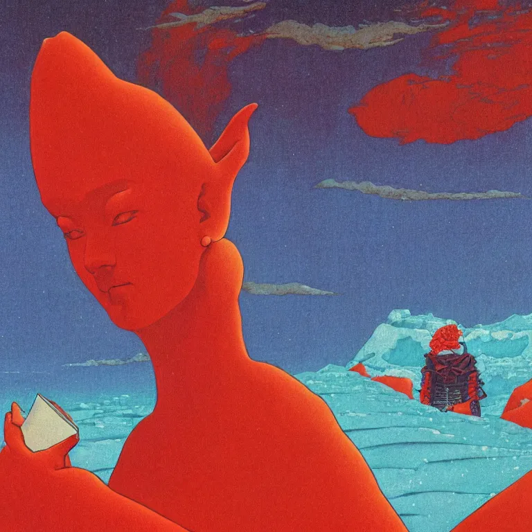 Prompt: a closeup portrait of a demon sucking a blotter paper of lsd acid and dreaming psychedelic hallucinations in the vast icy landscape of antarctica, by kawase hasui, moebius and edward hopper, colorful flat surreal design, hd, 8 k, artstation