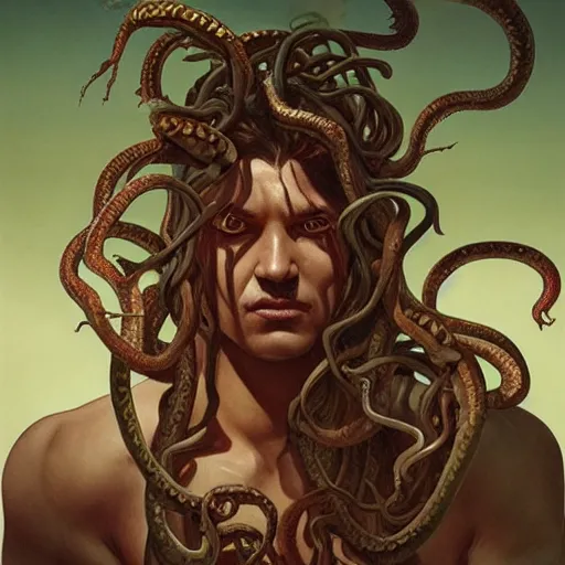 Image similar to male medusa, highly detailed, digital painting, bloody eyes, snakes, white skin, artstation, concept art, smooth, sharp focus, illustration, art by artgerm and greg rutkowski and alphonse mucha