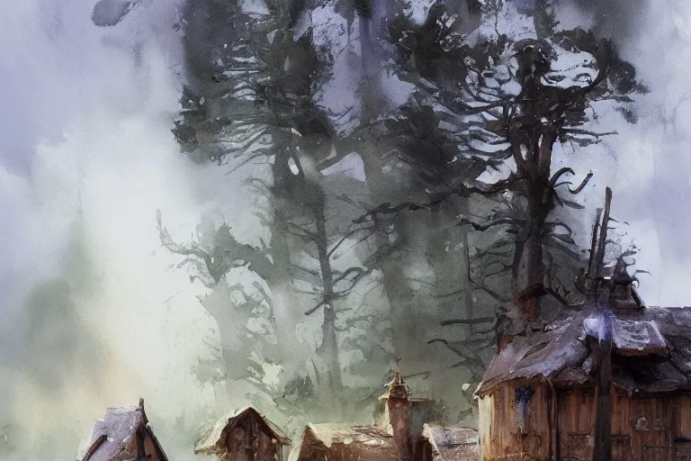 Prompt: paint brush strokes, abstract watercolor painting of rustic village fortress, pine trees, mysterious mythology, medieval straw roof, scandinavian viking age, fog, ambient lighting, art by hans dahl, by jesper ejsing, art by anders zorn, wonderful masterpiece by greg rutkowski, cinematic light, american romanticism by greg manchess, creation by tyler edlin