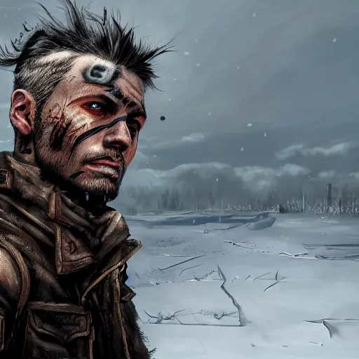 Prompt: A comic book style portrait painting of a male post apocalyptic punk warrior in a winter landscape, unreal 5, DAZ, hyperrealistic, octane render, RPG portrait, ambient light, dynamic lighting